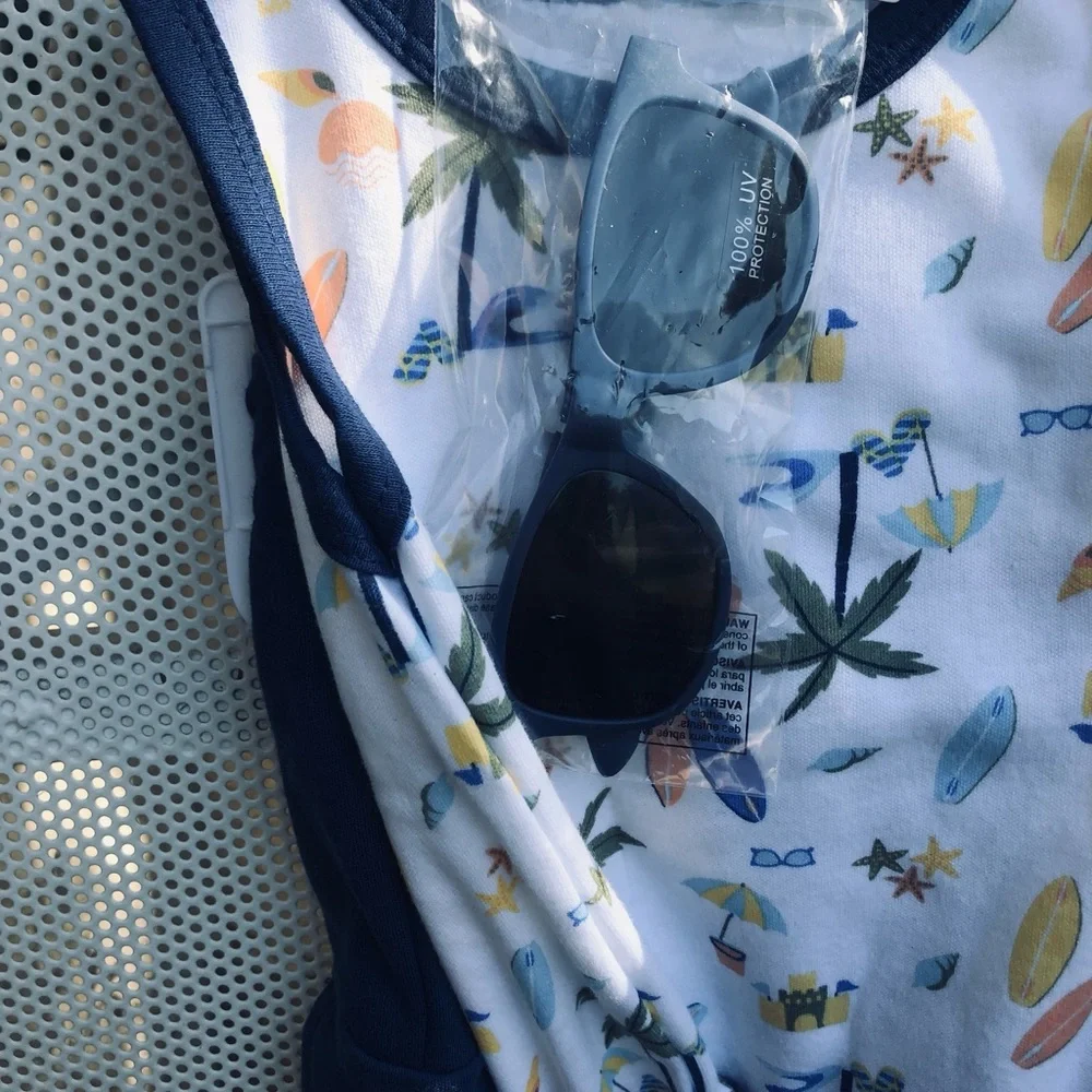 Boys - White Beach Print Onesie with Navy Pants & Sunglasses - Brand New w/Tags!
